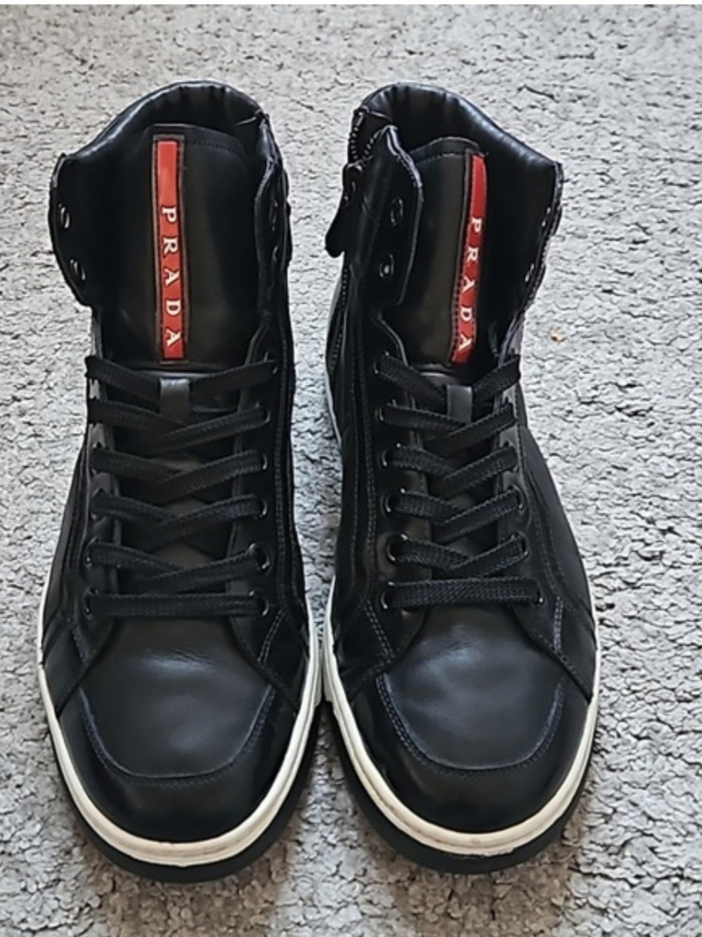 Prada Black High-Top Sneakers with Red Logo Stripe